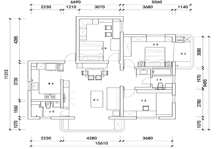 虹口区新北小区68平欧式风格公寓装修效果图