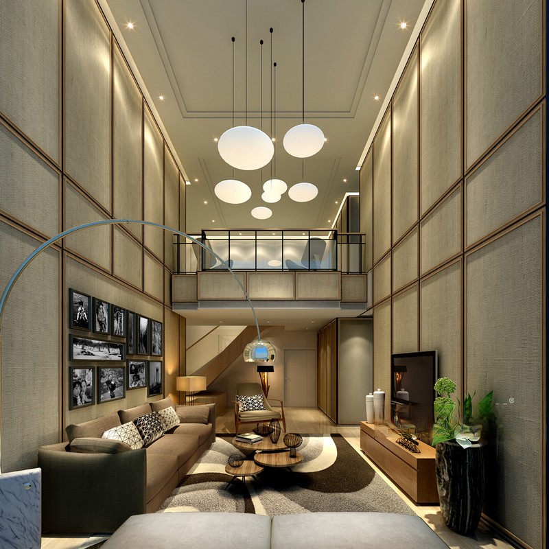 上海东岭国际350平简约风格跃层客厅装修效果图