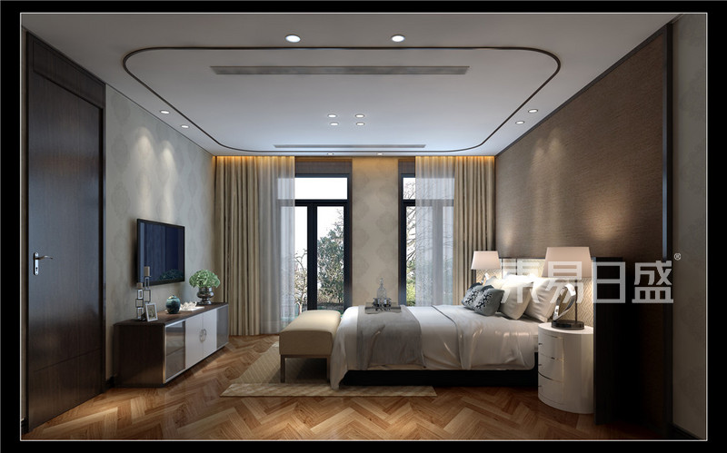 上海绿地理想家园350平新中式风格别墅卧室装修效果图
