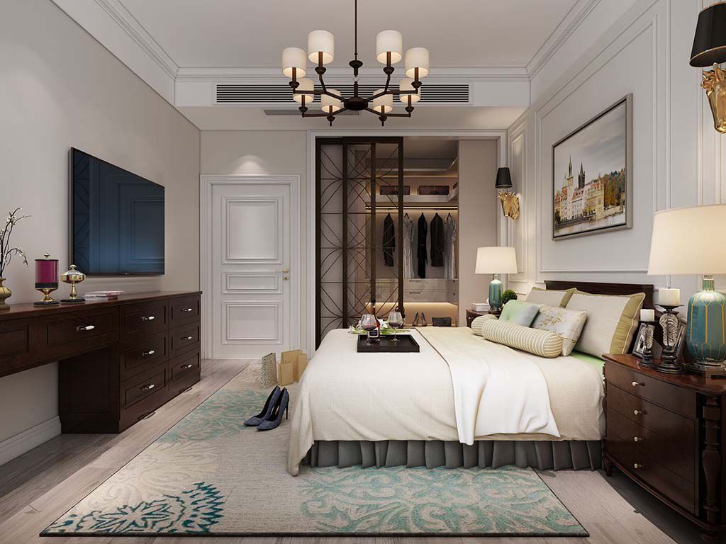 浦东保利铃兰300平美式风格叠加别墅卧室装修效果图