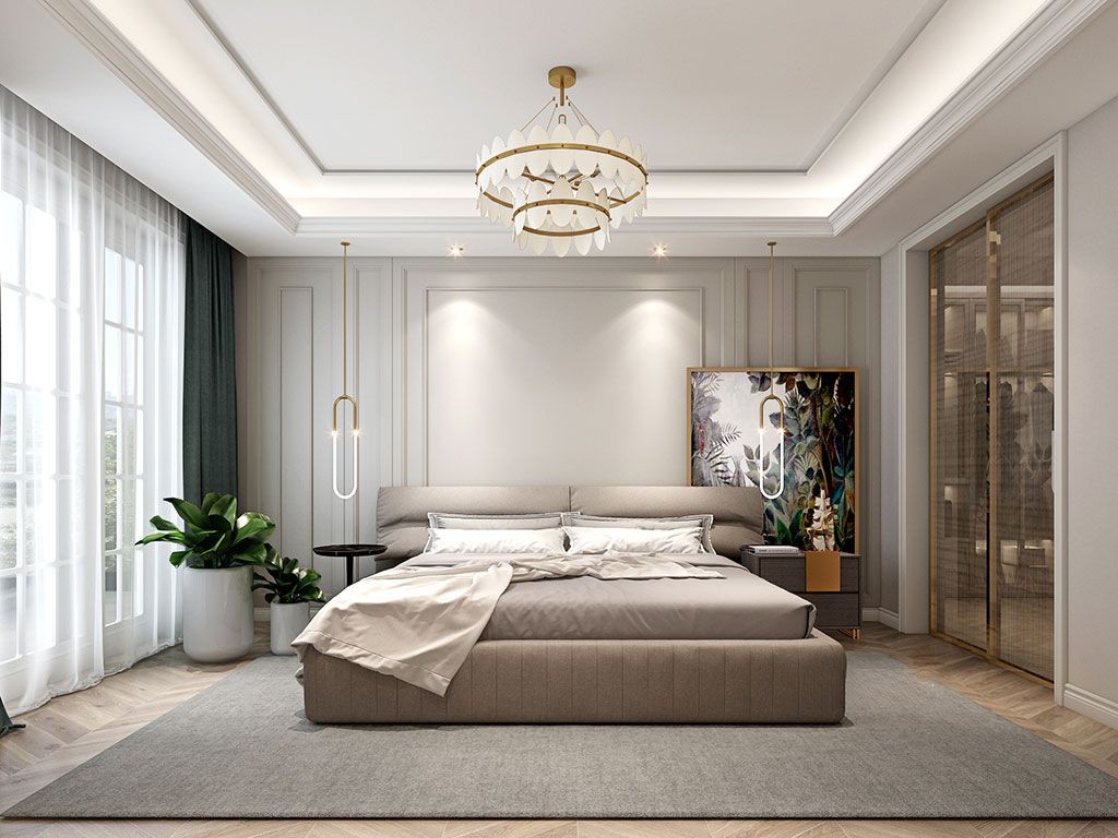 杭州金色海岸330平现代轻奢,新古典风格复式卧室装修效果图