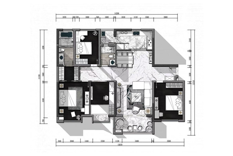 宝山区大华公园城市138平现代风格三居室装修效果图