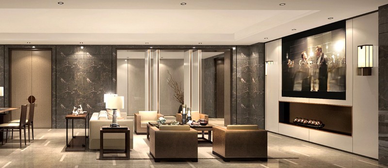 上海江枫园600平新中式风格别墅客厅装修效果图