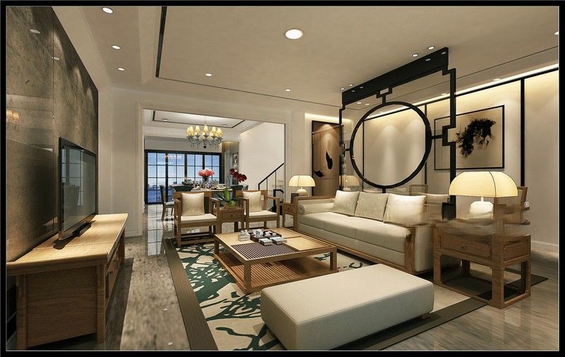 上海蓝湖香颂420平新中式风格别墅客厅装修效果图