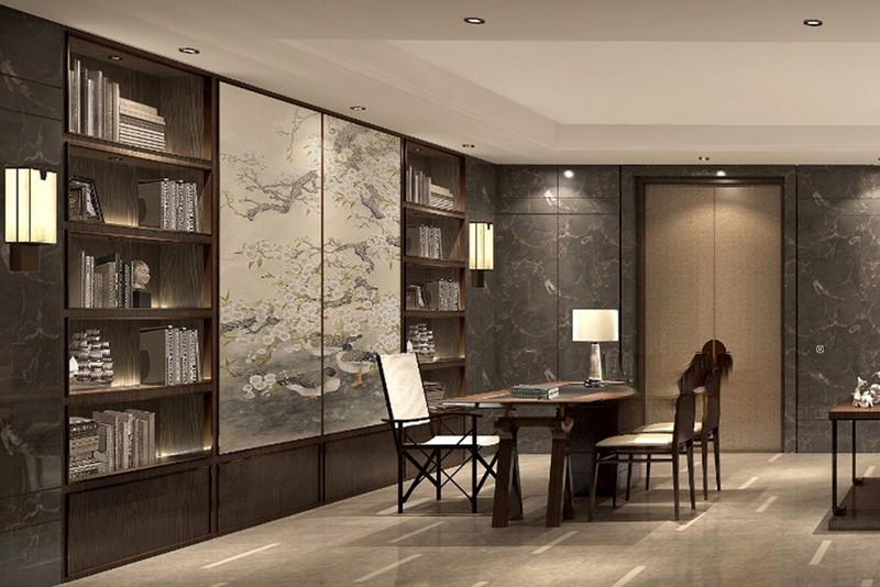 上海江枫园600平新中式风格别墅书房装修效果图