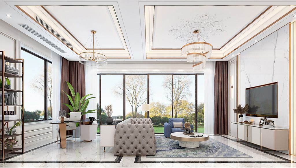 崇明区东滩花园400平法式风格独栋别墅客厅装修效果图