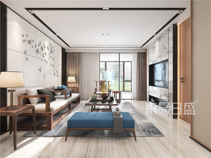 上海南汇新城海洋小区106平新中式风格三居室客厅装修效果图