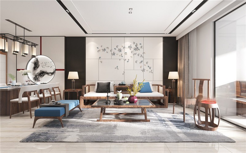 上海南汇新城海洋小区106平新中式风格三居室客厅装修效果图