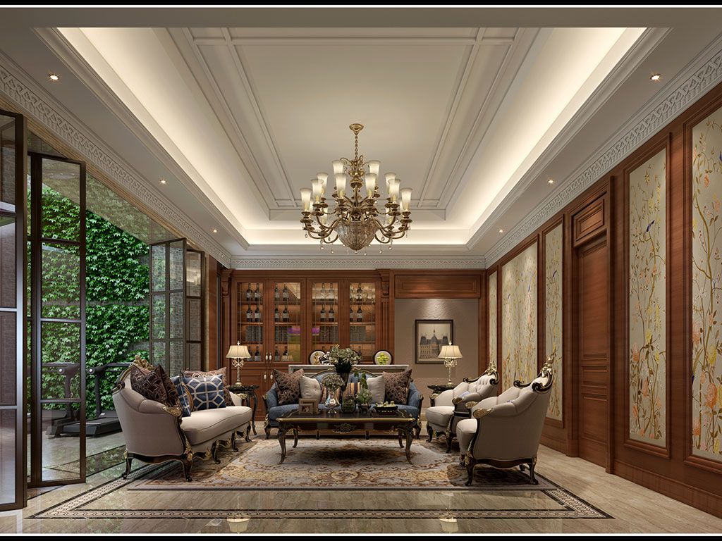 金山区200平欧式风格独栋别墅客厅装修效果图