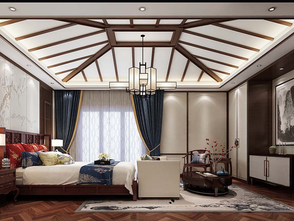 松江区长泰西郊450平新中式风格独栋别墅卧室装修效果图