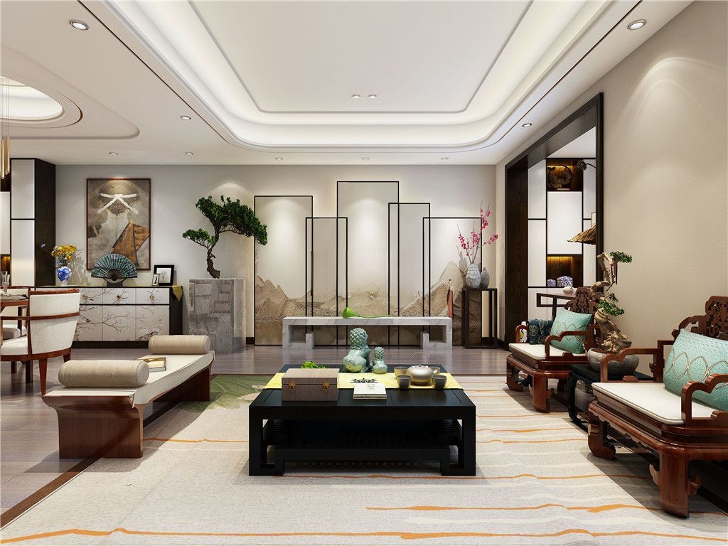 宝山区正荣国领160平新中式风格叠加别墅客厅装修效果图