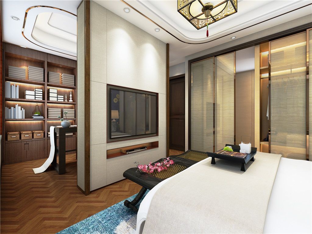 宝山区正荣国领160平新中式风格叠加别墅卧室装修效果图