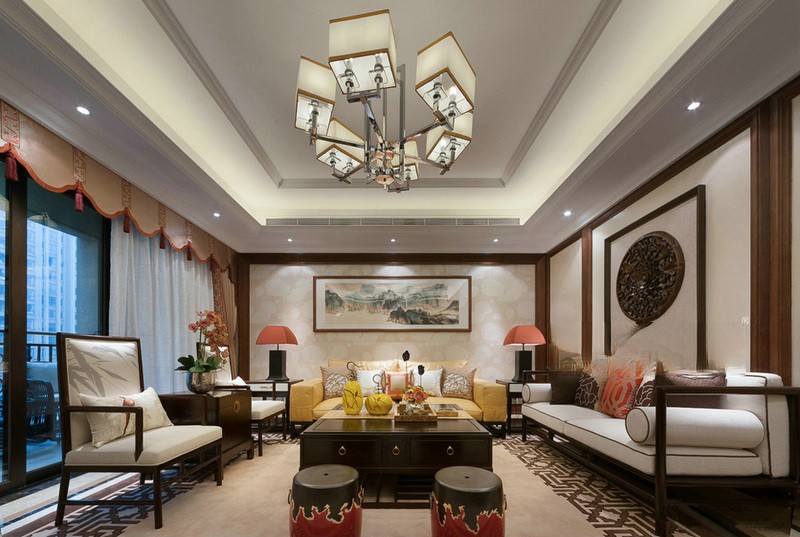 上海清悦湾211平新中式风格住宅客厅装修效果图