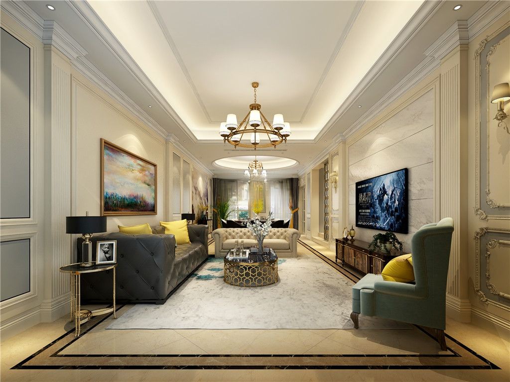 宝山区宫园巧筑400平美式风格联排别墅客厅装修效果图