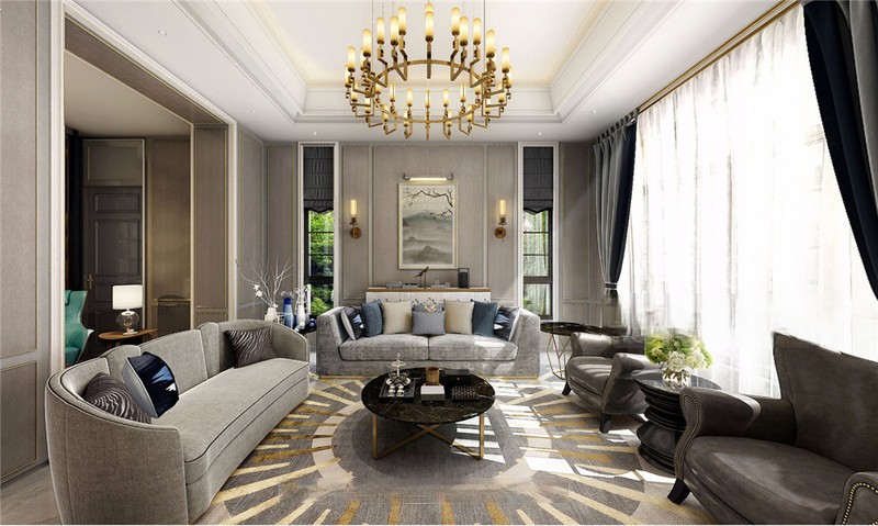 上海中海紫御豪庭750平简欧风格别墅客厅装修效果图