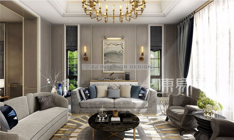 上海中海紫御豪庭750平简欧风格别墅客厅装修效果图