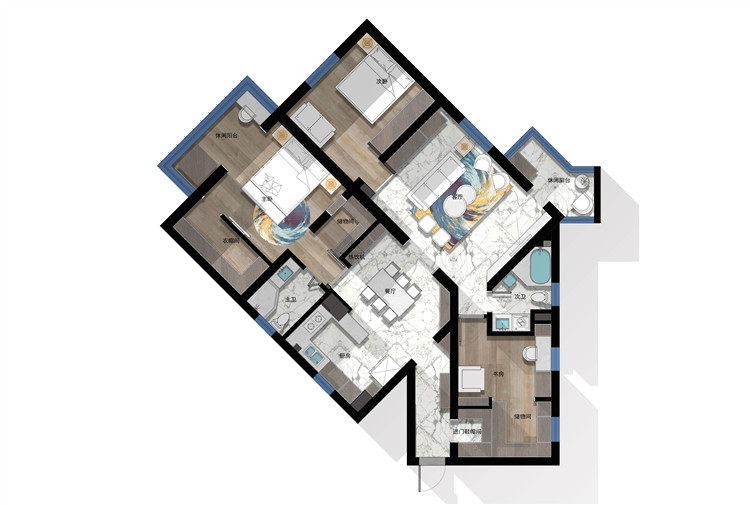 闵行区锦鸿公寓121平现代风格二居室装修效果图